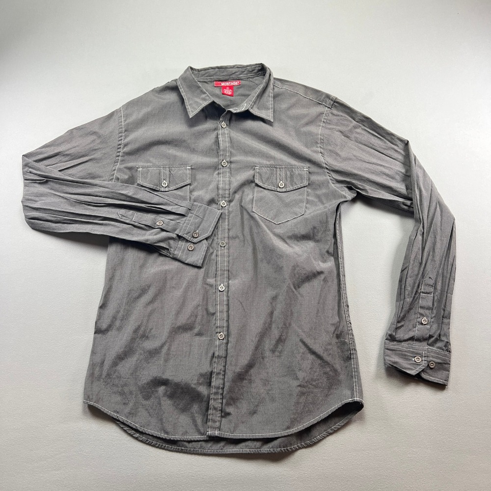 Montage Shirt Mens L Charcoal Gray Grid Check Cotton Casual Collared Button Up